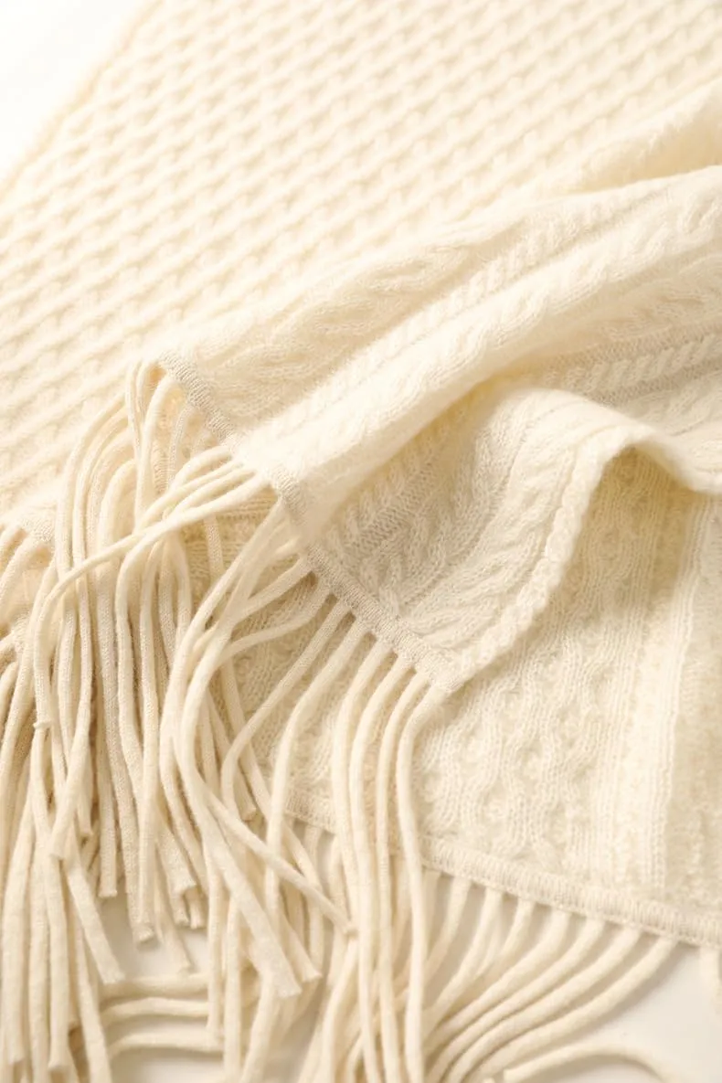 100% Pure Cashmere Luxury Cable Knitted Scarf Shawl Wrap for Women Winter Thick Warm