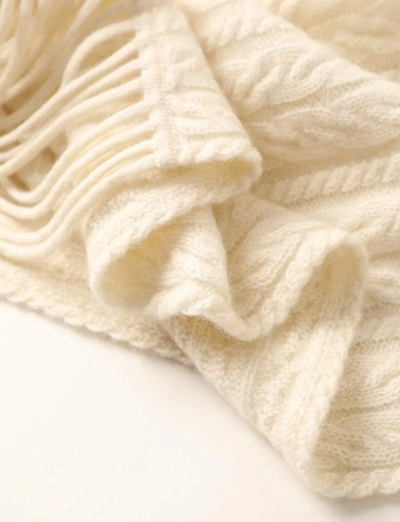 100% Pure Cashmere Luxury Cable Knitted Scarf Shawl Wrap for Women Winter Thick Warm