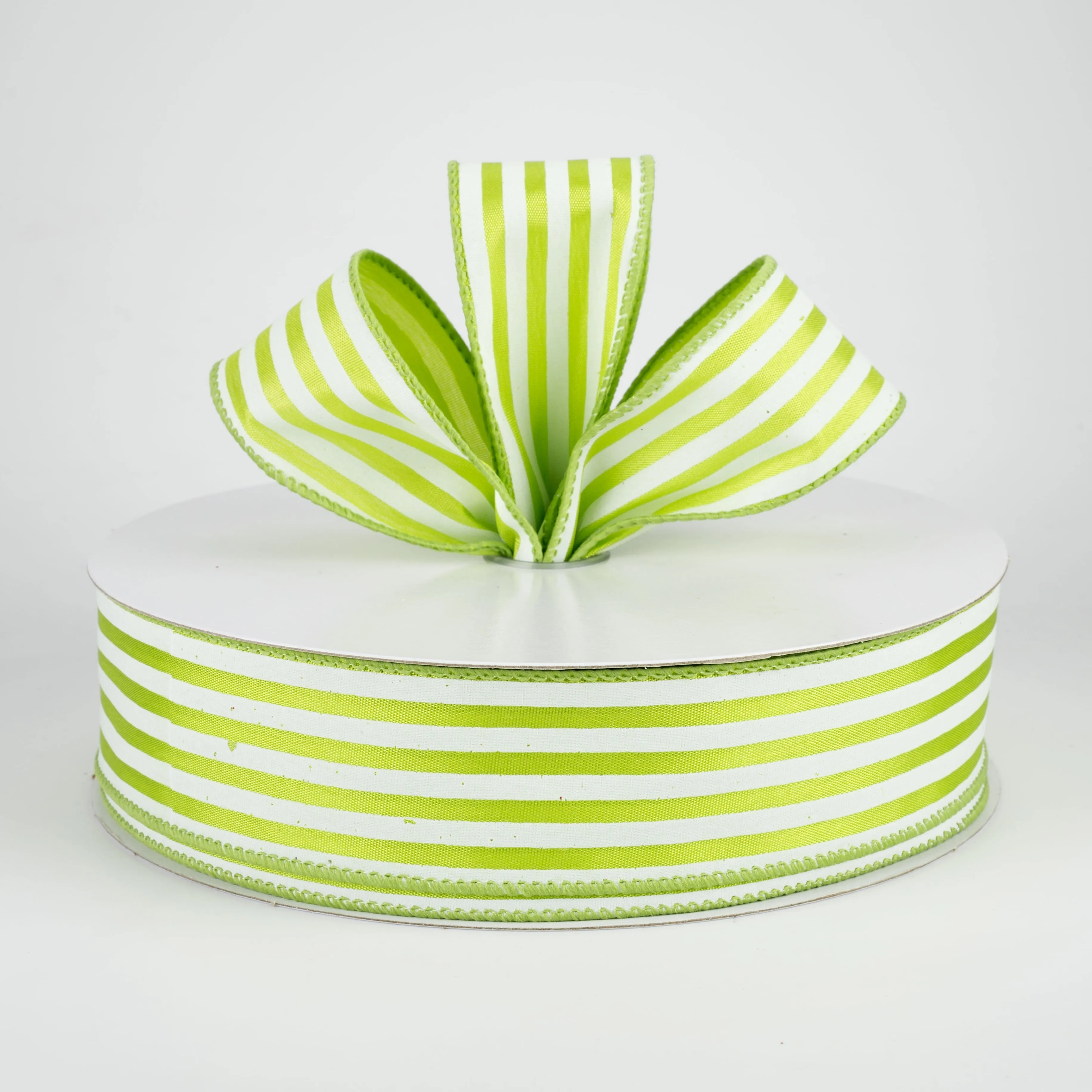 1.5" Cabana Stripes Ribbon: White on Kiwi Green (50 Yards)