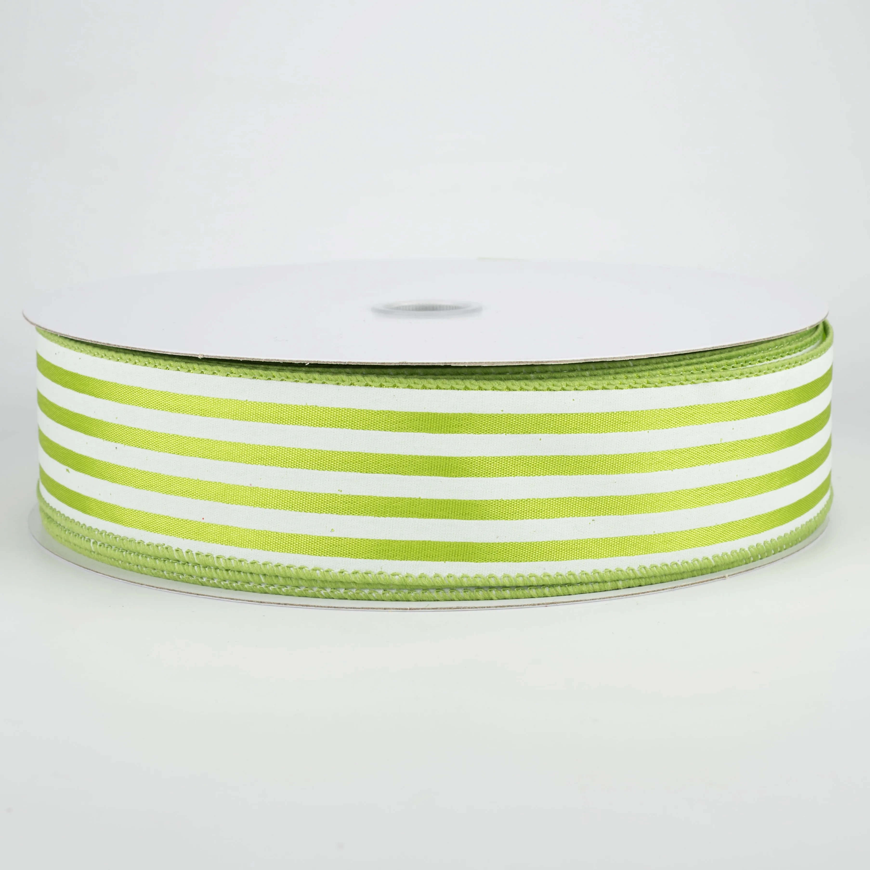 1.5" Cabana Stripes Ribbon: White on Kiwi Green (50 Yards)