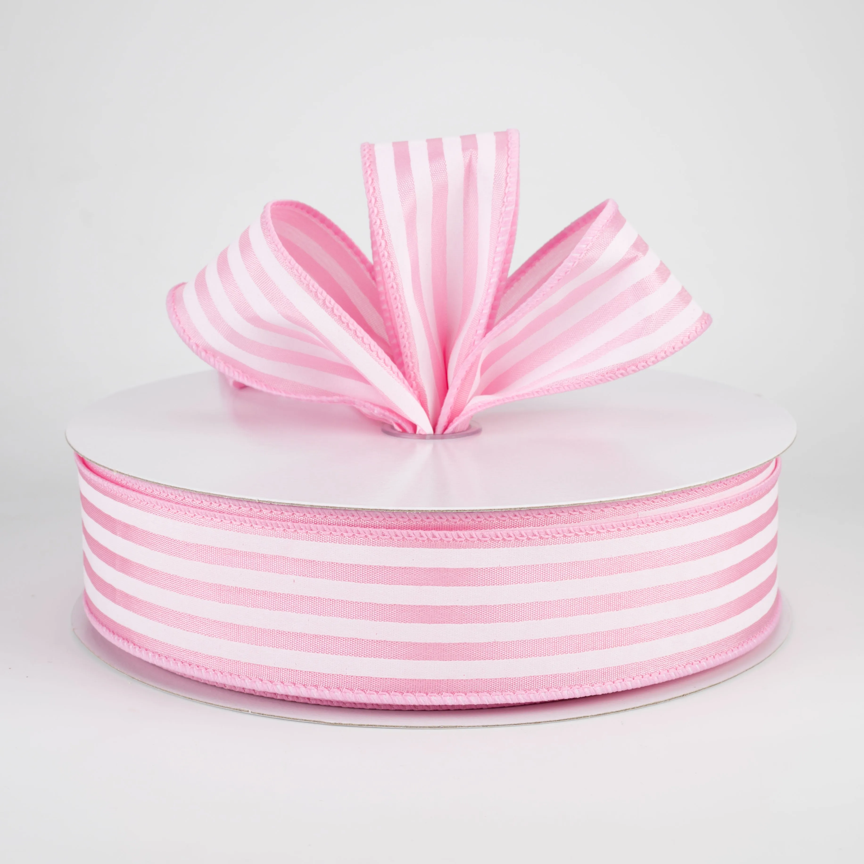 1.5" Cabana Stripes Ribbon: White on Pink Satin (50 Yards)