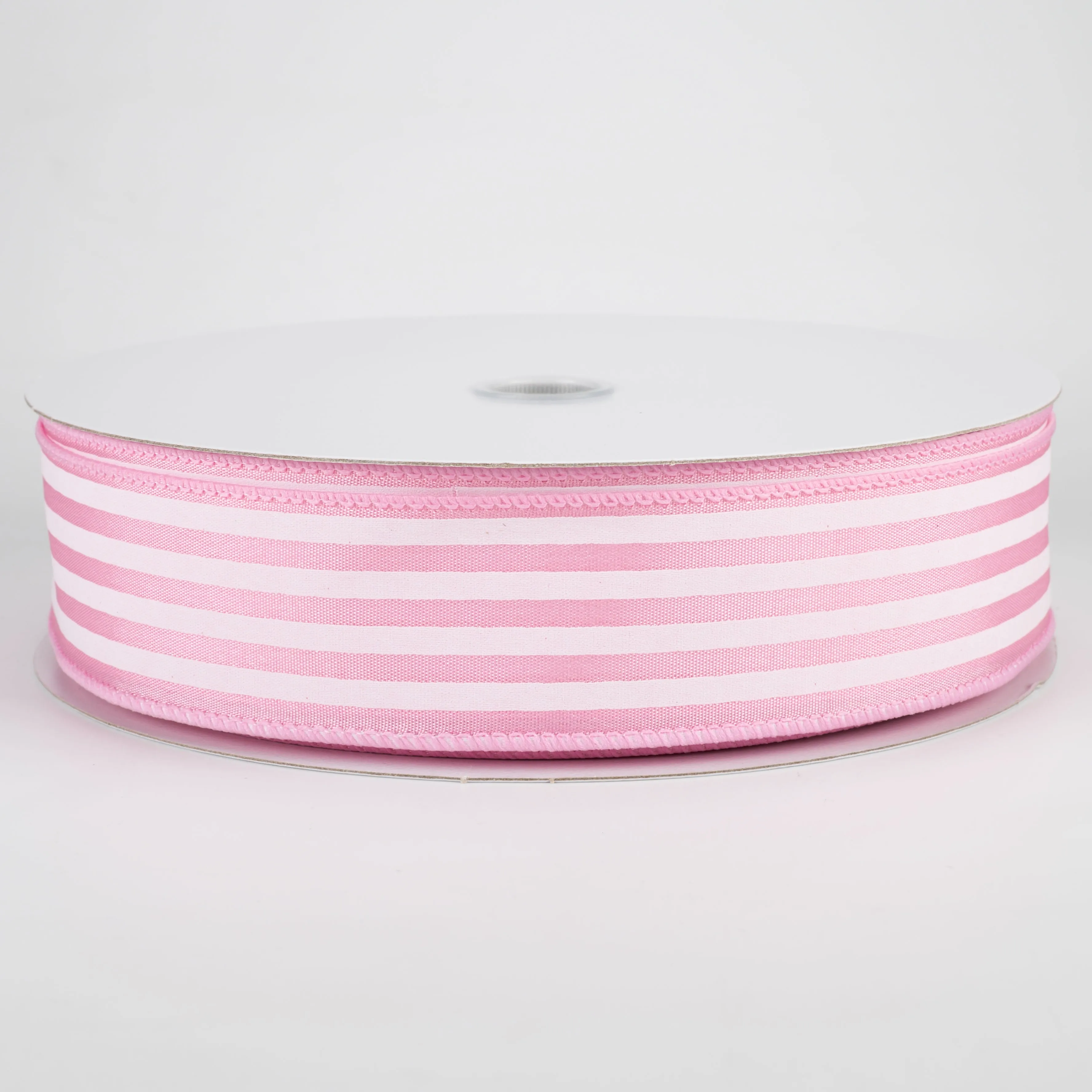 1.5" Cabana Stripes Ribbon: White on Pink Satin (50 Yards)