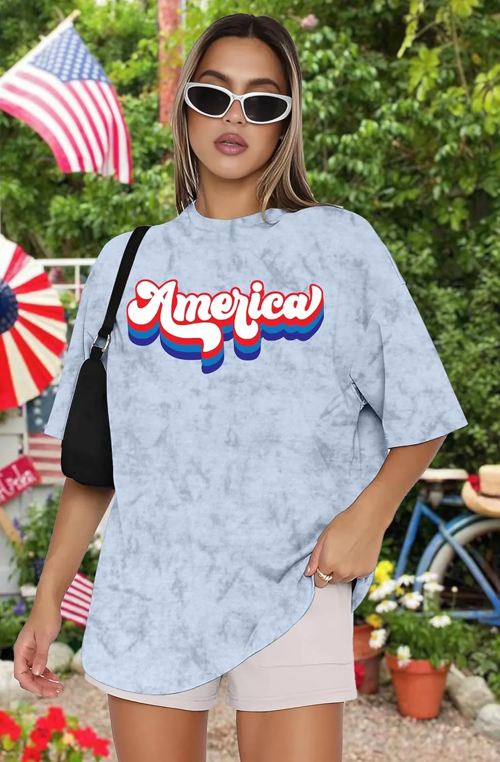 American Flag Shirt: USA Shirt for Women Oversized 4th of July Shirts Patriotic T-Shirt Bleached Short Sleeve Tops