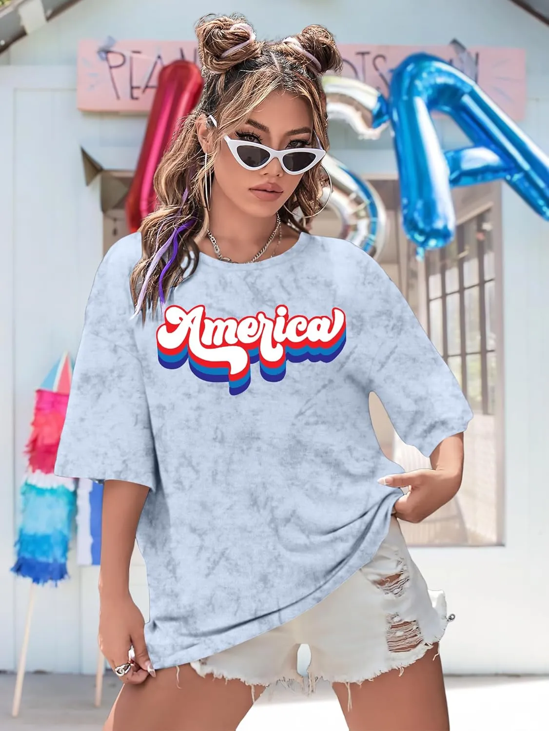 American Flag Shirt: USA Shirt for Women Oversized 4th of July Shirts Patriotic T-Shirt Bleached Short Sleeve Tops
