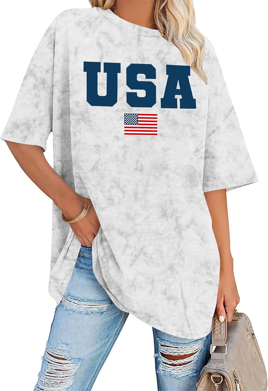 American Flag Shirt: USA Shirt for Women Oversized 4th of July Shirts Patriotic T-Shirt Bleached Short Sleeve Tops