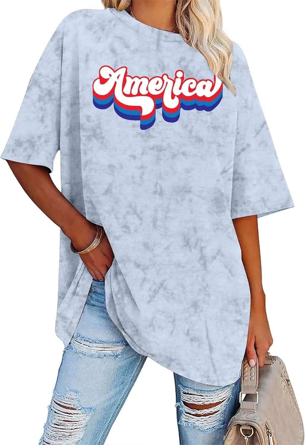 American Flag Shirt: USA Shirt for Women Oversized 4th of July Shirts Patriotic T-Shirt Bleached Short Sleeve Tops