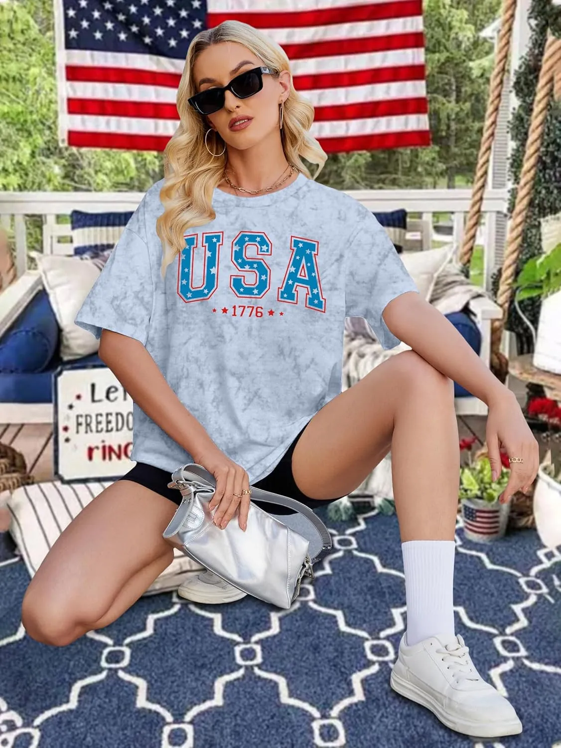 American Flag Shirt: USA Shirt for Women Oversized 4th of July Shirts Patriotic T-Shirt Bleached Short Sleeve Tops