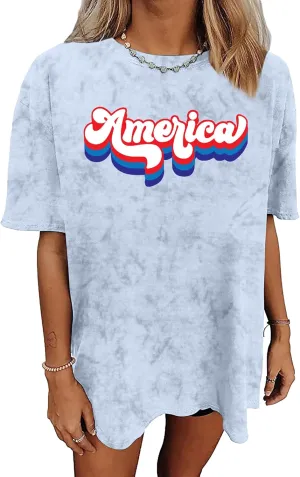 American Flag Shirt: USA Shirt for Women Oversized 4th of July Shirts Patriotic T-Shirt Bleached Short Sleeve Tops