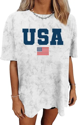 American Flag Shirt: USA Shirt for Women Oversized 4th of July Shirts Patriotic T-Shirt Bleached Short Sleeve Tops