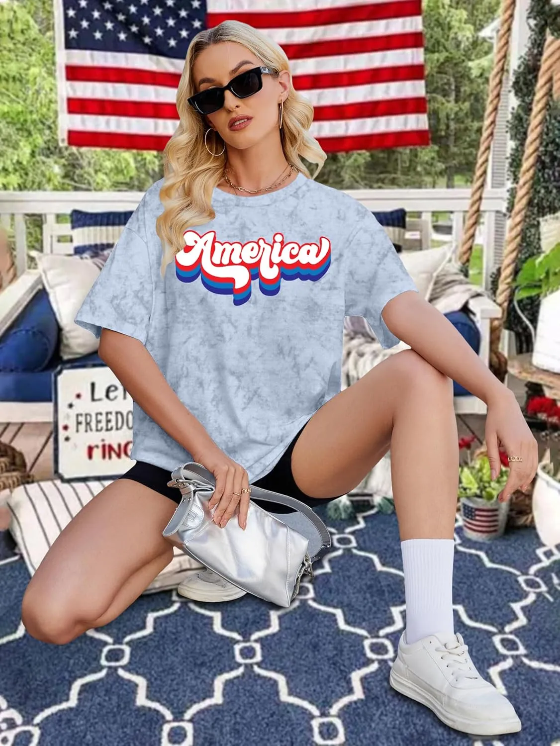 American Flag Shirt: USA Shirt for Women Oversized 4th of July Shirts Patriotic T-Shirt Bleached Short Sleeve Tops