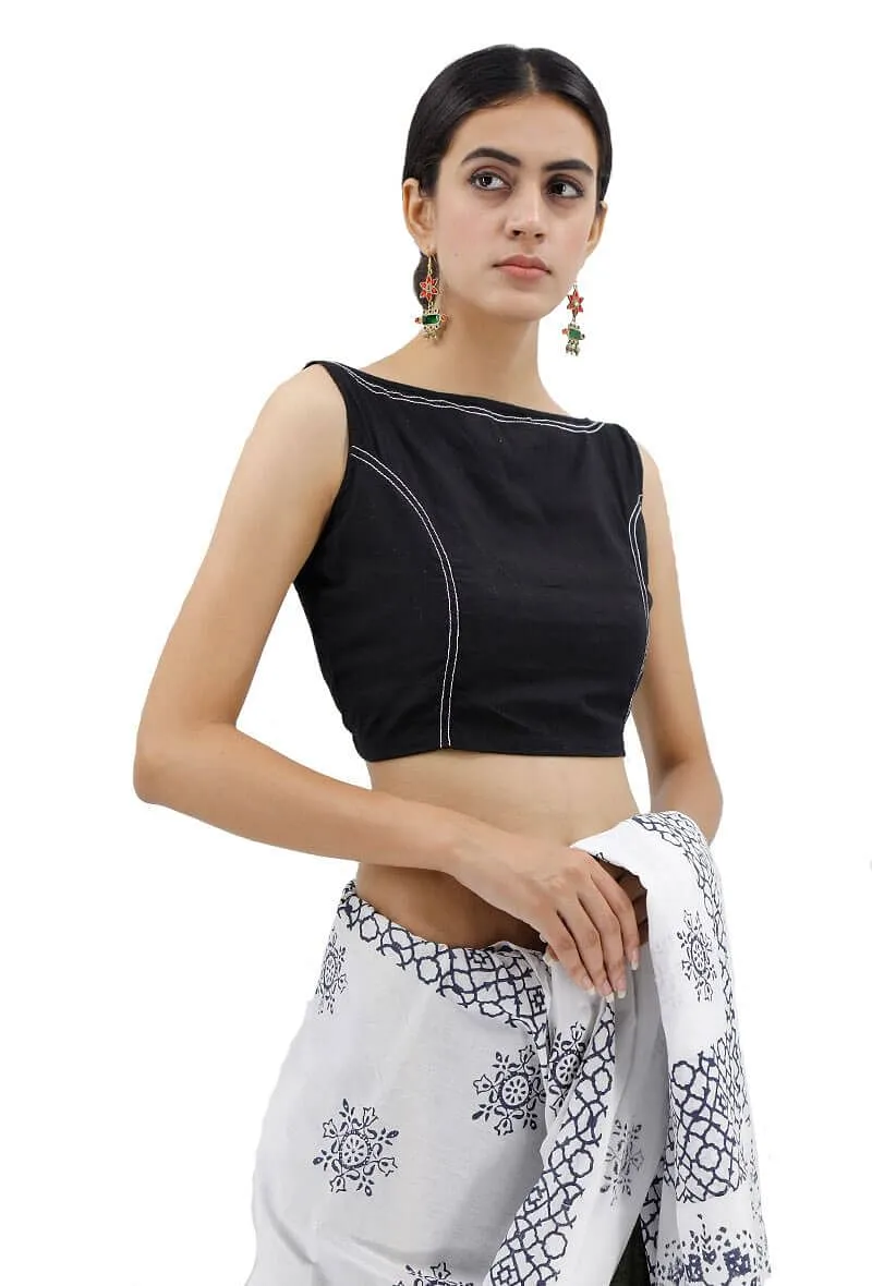 Black Boat Neck Blouse With Stitch Lines