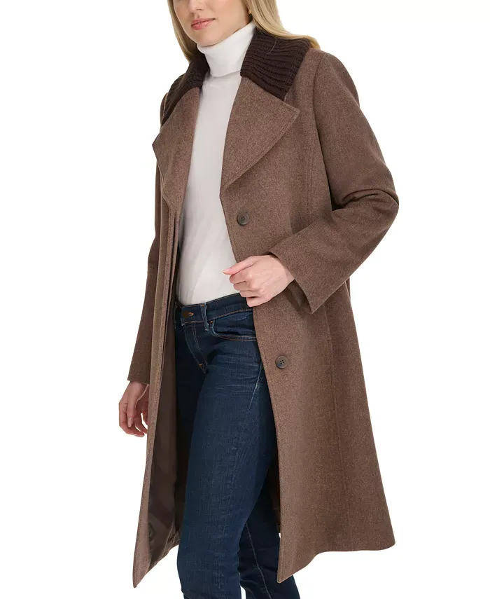 Cole Haan Ribbed Knit Shawl Collar Wool Blend Coat - Portobello