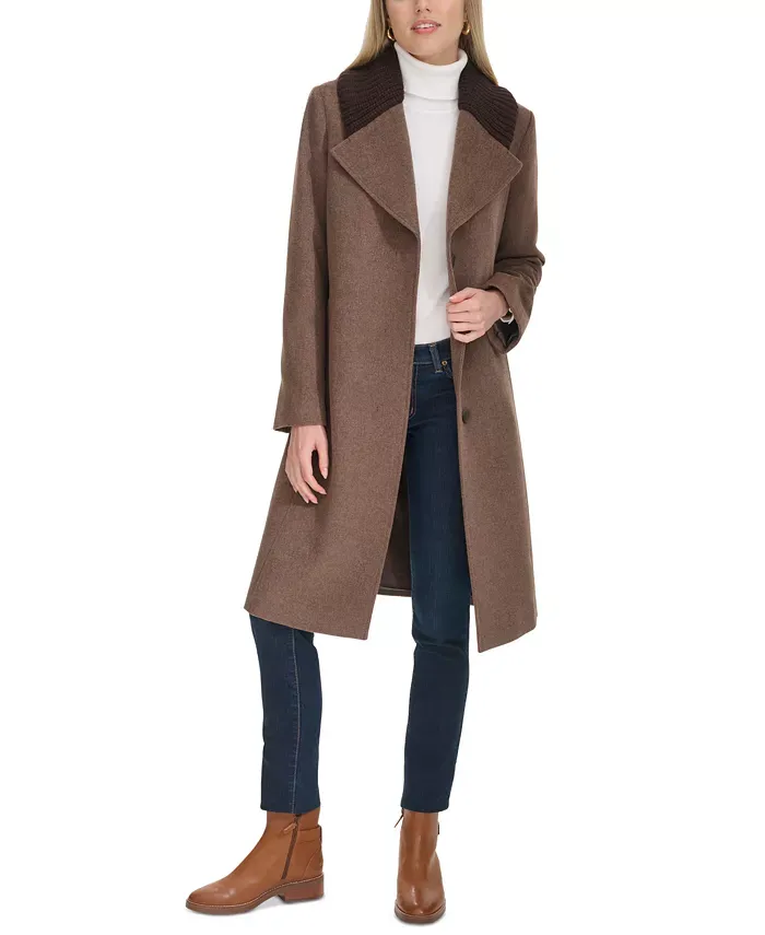 Cole Haan Ribbed Knit Shawl Collar Wool Blend Coat - Portobello