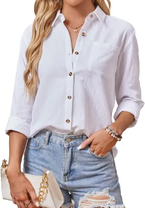 Cotton Button Down Shirts Women V Neck Long/Roll Up Sleeve Gauze Texture Casual Tops with Pocket