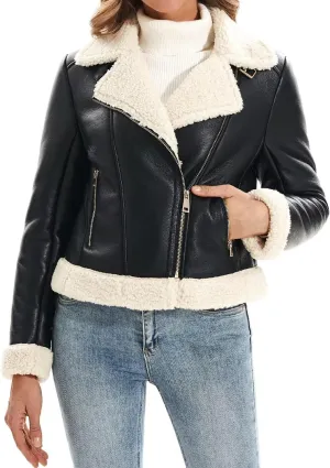DIASHINY Women's Faux Shearing Fur Winter Coat Warm Thick Fur Lined Faux Leather Jacket