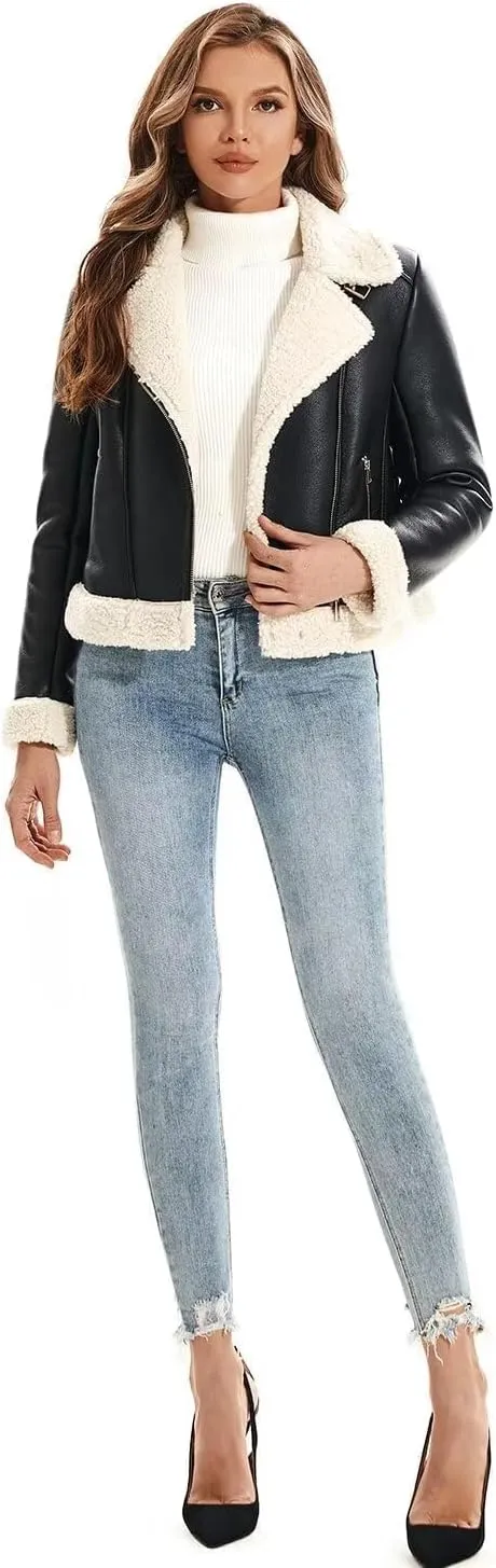 DIASHINY Women's Faux Shearing Fur Winter Coat Warm Thick Fur Lined Faux Leather Jacket