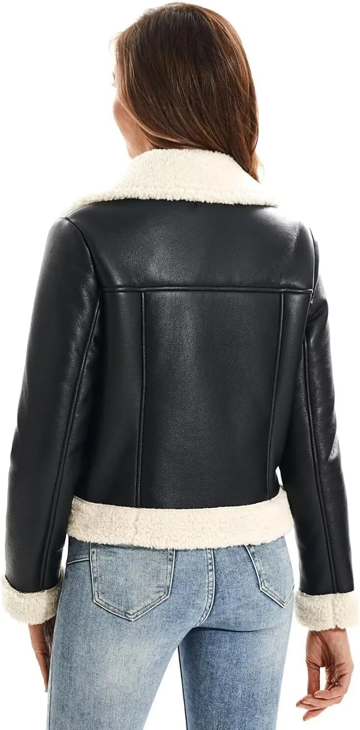 DIASHINY Women's Faux Shearing Fur Winter Coat Warm Thick Fur Lined Faux Leather Jacket