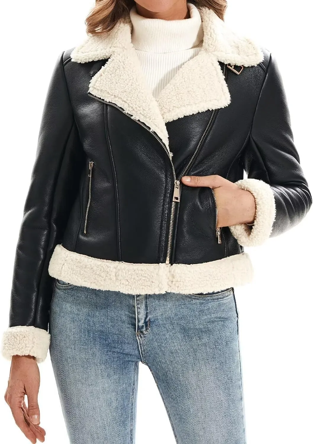 DIASHINY Women's Faux Shearing Fur Winter Coat Warm Thick Fur Lined Faux Leather Jacket