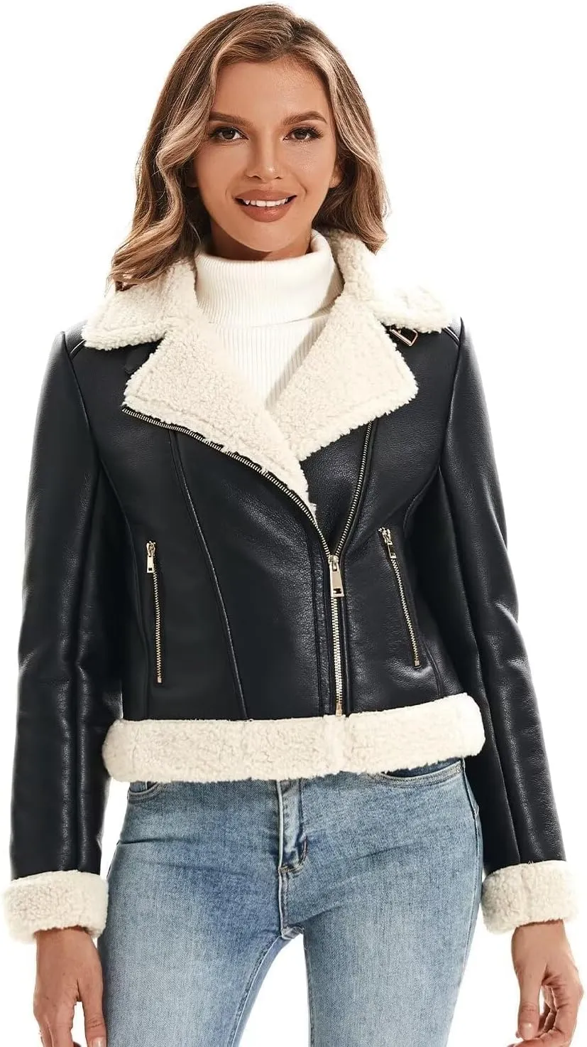 DIASHINY Women's Faux Shearing Fur Winter Coat Warm Thick Fur Lined Faux Leather Jacket