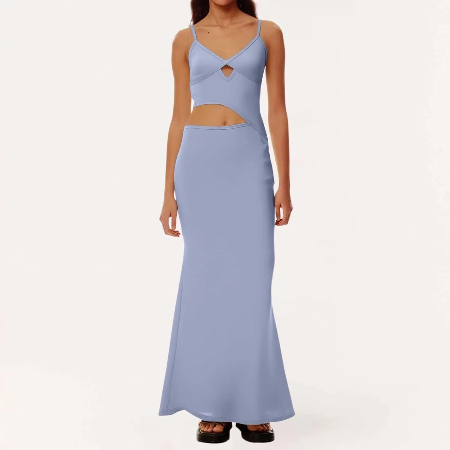 Elegant Women's Deep V Neck Hollow Out Asymmetrical Color Block Dress  Stylish Sleeveless Casual Dress for