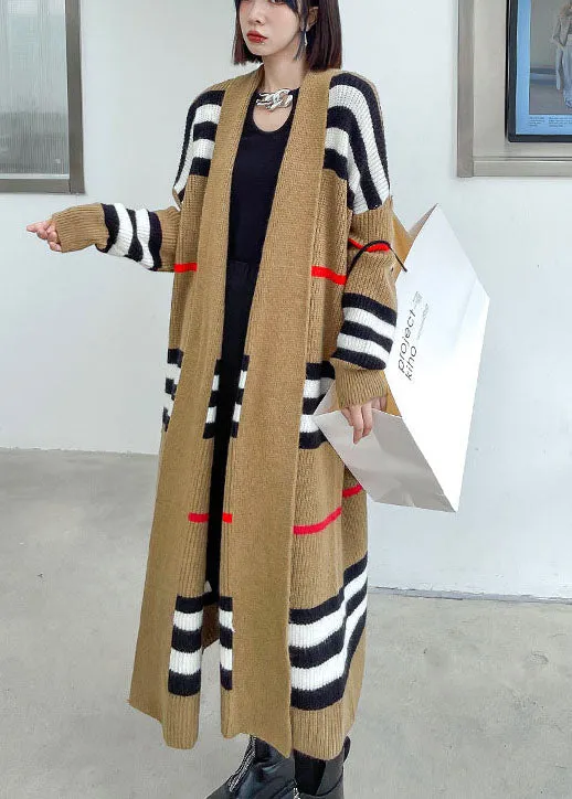 French Khaki retro Striped Loose Fall Knit Sweater Coat