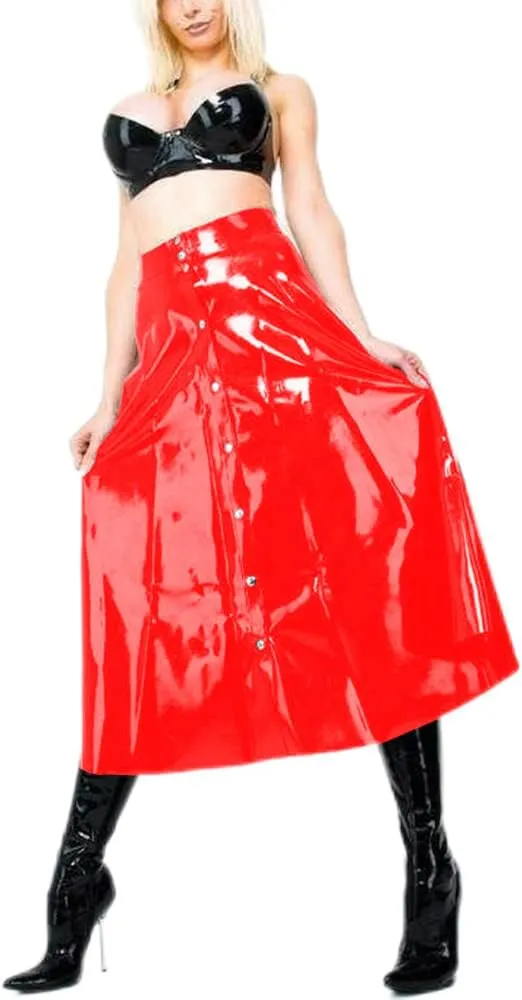Gothic Women Wet Look PVC Leather Skirt Full Front Buttons A-line Skirts High Waist Latex Look Circle Midi Skirt Clubwear