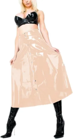 Gothic Women Wet Look PVC Leather Skirt Full Front Buttons A-line Skirts High Waist Latex Look Circle Midi Skirt Clubwear
