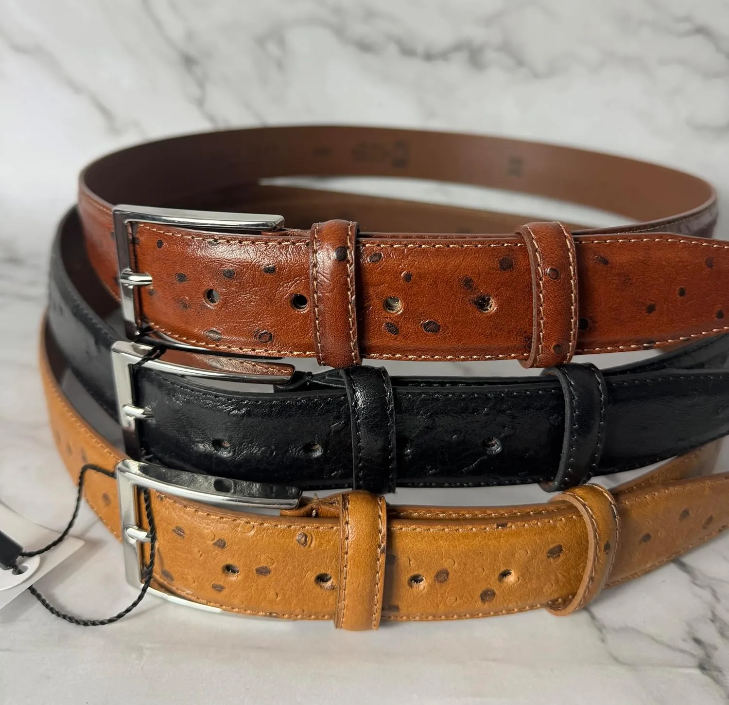 Ivan Troy Men’s Casual Italian Leather Embossed Ostrich Belt|Dress Belt With Jean Classic Silver Buckle