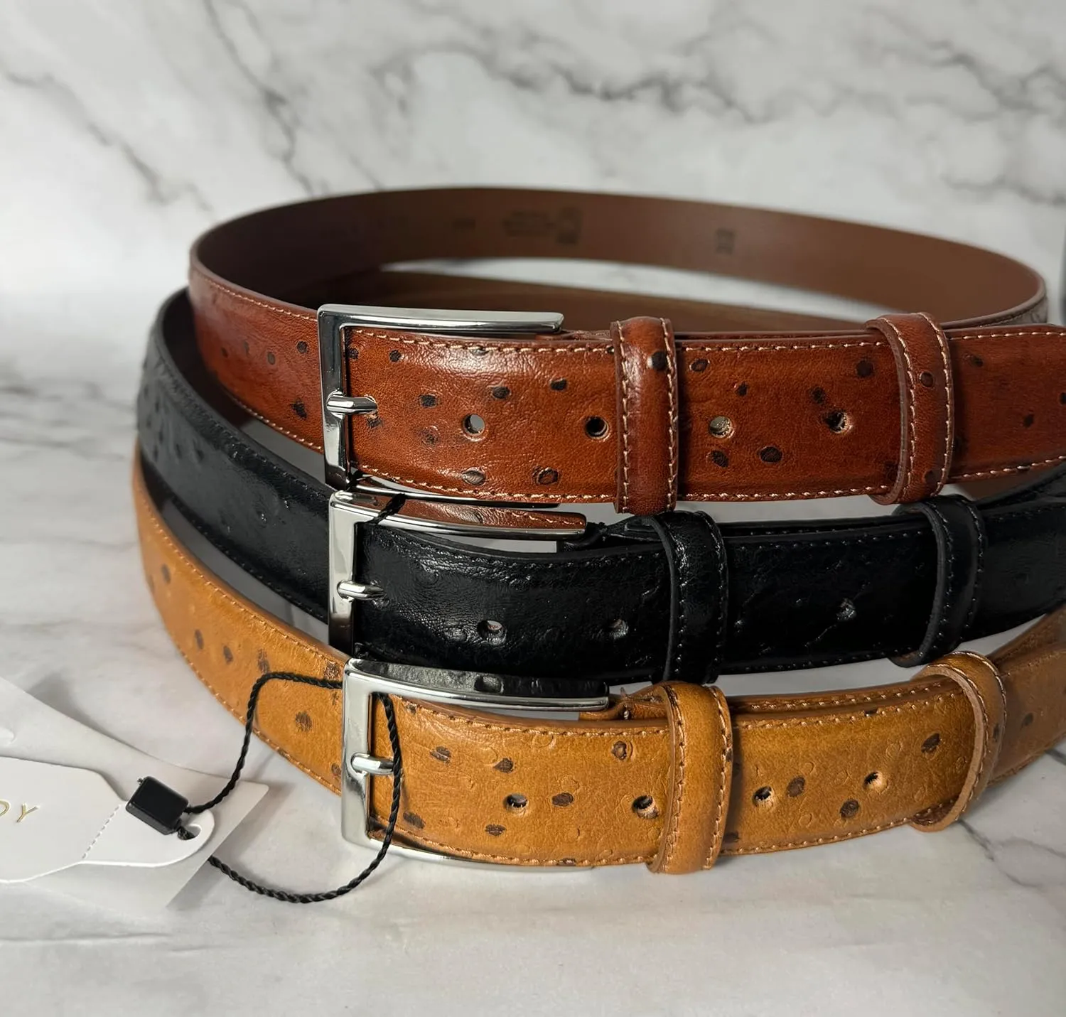 Ivan Troy Men’s Casual Italian Leather Embossed Ostrich Belt|Dress Belt With Jean Classic Silver Buckle