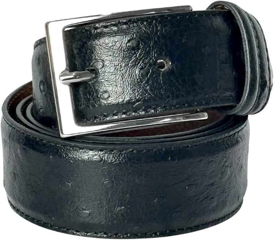 Ivan Troy Men’s Casual Italian Leather Embossed Ostrich Belt|Dress Belt With Jean Classic Silver Buckle