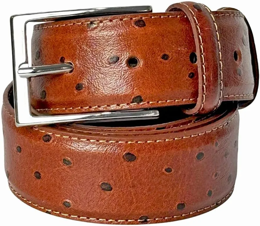 Ivan Troy Men’s Casual Italian Leather Embossed Ostrich Belt|Dress Belt With Jean Classic Silver Buckle