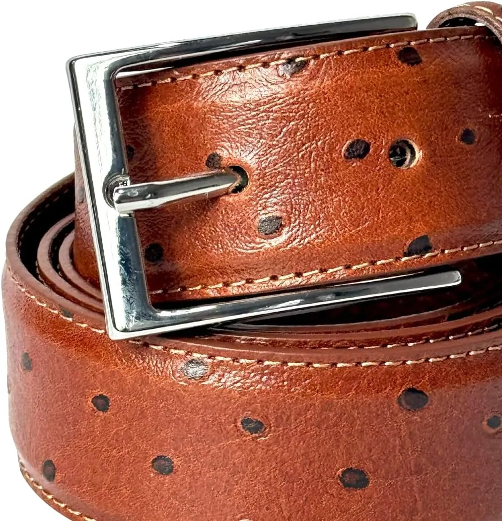 Ivan Troy Men’s Casual Italian Leather Embossed Ostrich Belt|Dress Belt With Jean Classic Silver Buckle