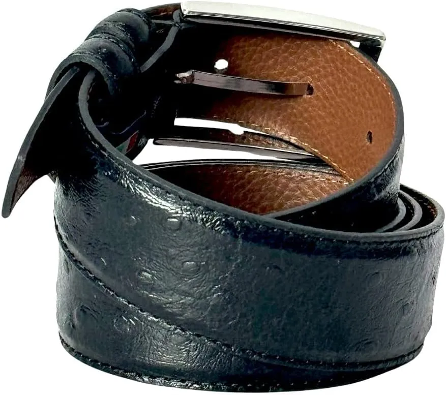 Ivan Troy Men’s Casual Italian Leather Embossed Ostrich Belt|Dress Belt With Jean Classic Silver Buckle