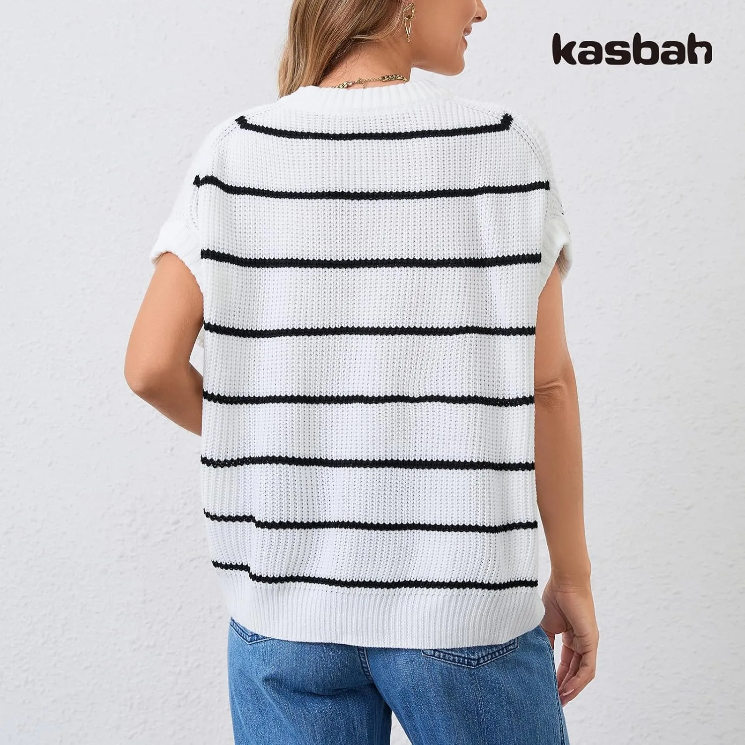 KASBAH Women's Short Sleeve Sweater Vest Crewneck Cap Sleeve Stripped Knit Pullover Tank Tops
