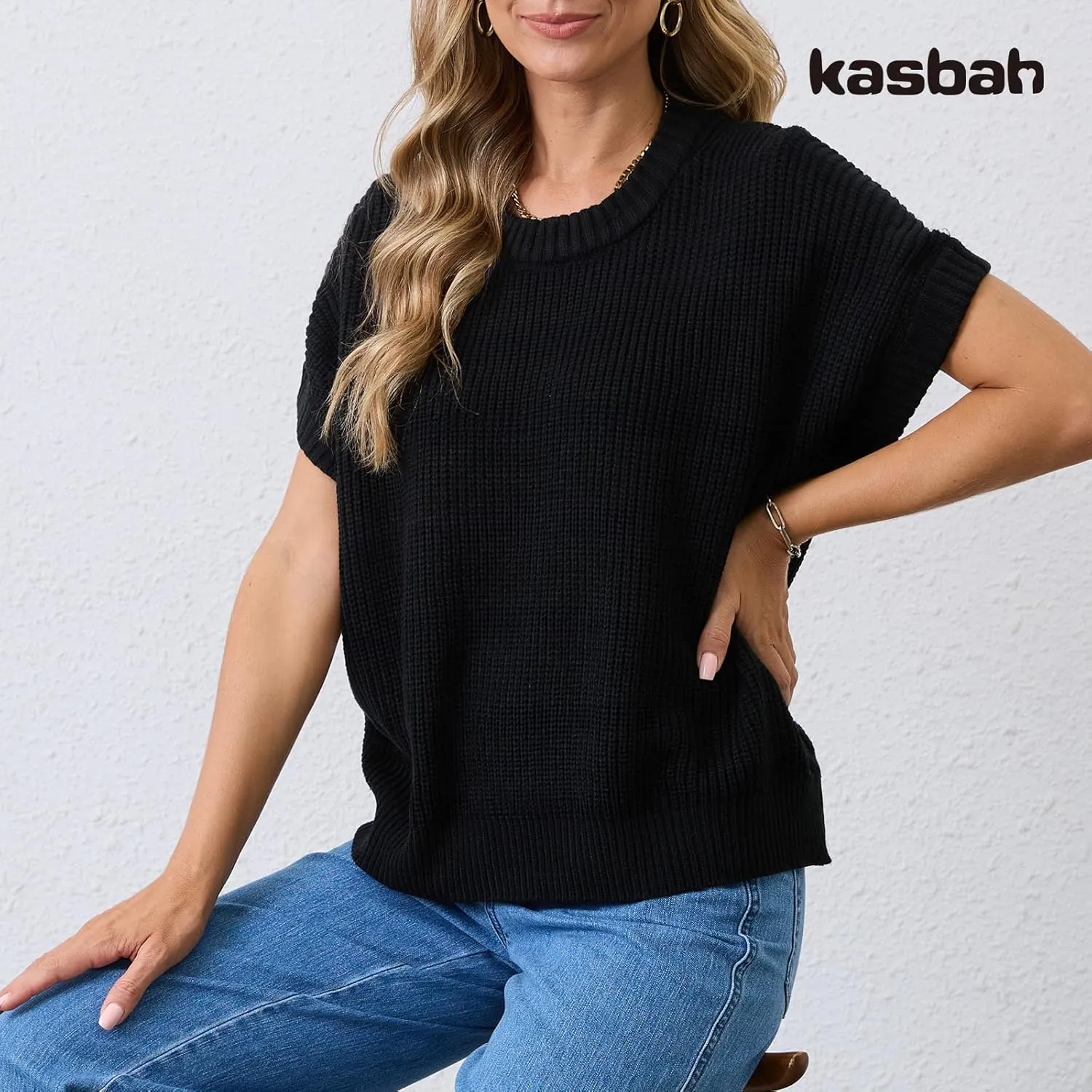 KASBAH Women's Short Sleeve Sweater Vest Crewneck Cap Sleeve Stripped Knit Pullover Tank Tops