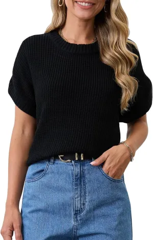 KASBAH Women's Short Sleeve Sweater Vest Crewneck Cap Sleeve Stripped Knit Pullover Tank Tops