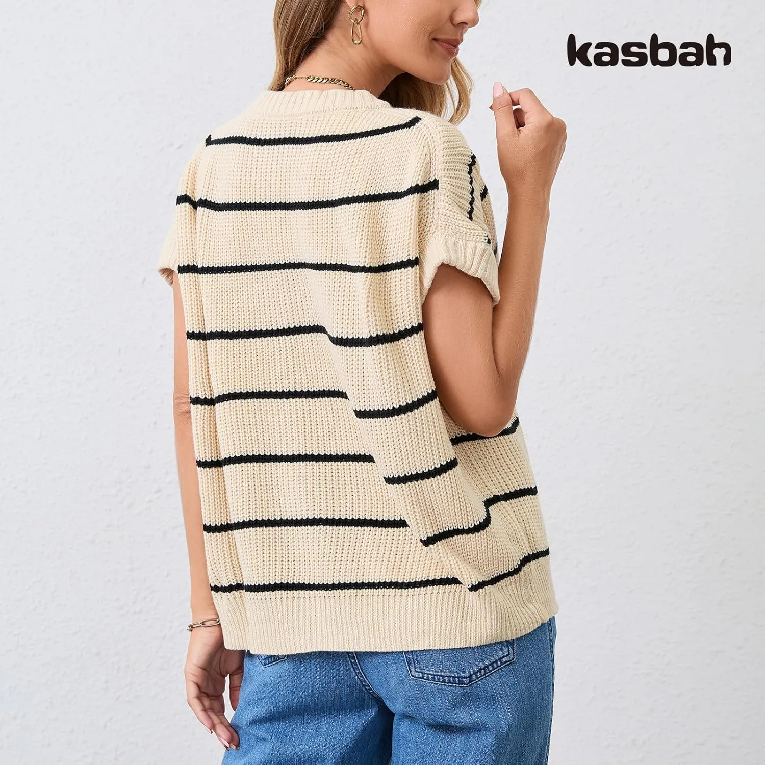 KASBAH Women's Short Sleeve Sweater Vest Crewneck Cap Sleeve Stripped Knit Pullover Tank Tops