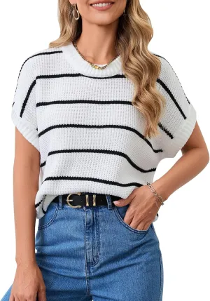 KASBAH Women's Short Sleeve Sweater Vest Crewneck Cap Sleeve Stripped Knit Pullover Tank Tops