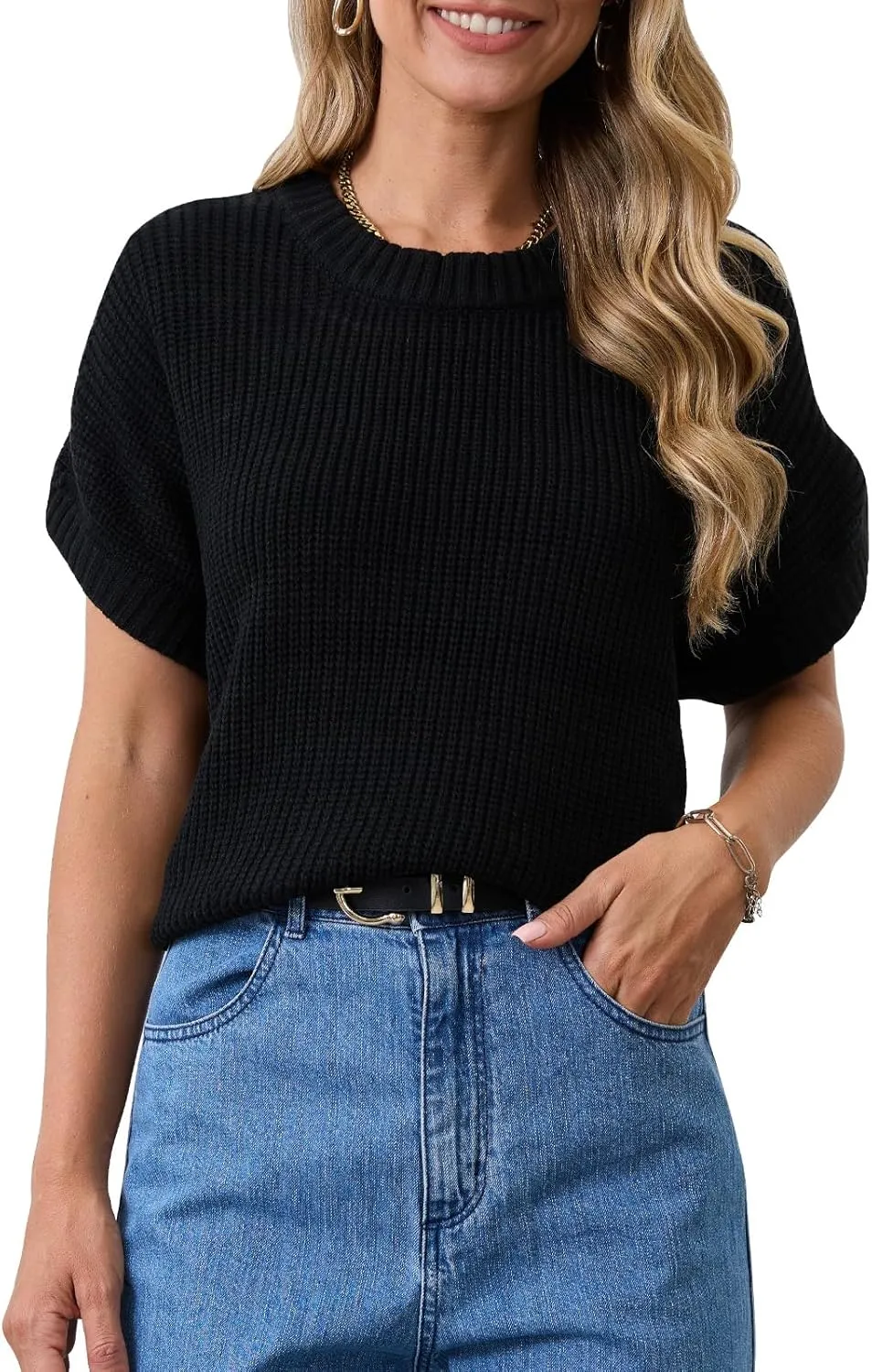 KASBAH Women's Short Sleeve Sweater Vest Crewneck Cap Sleeve Stripped Knit Pullover Tank Tops