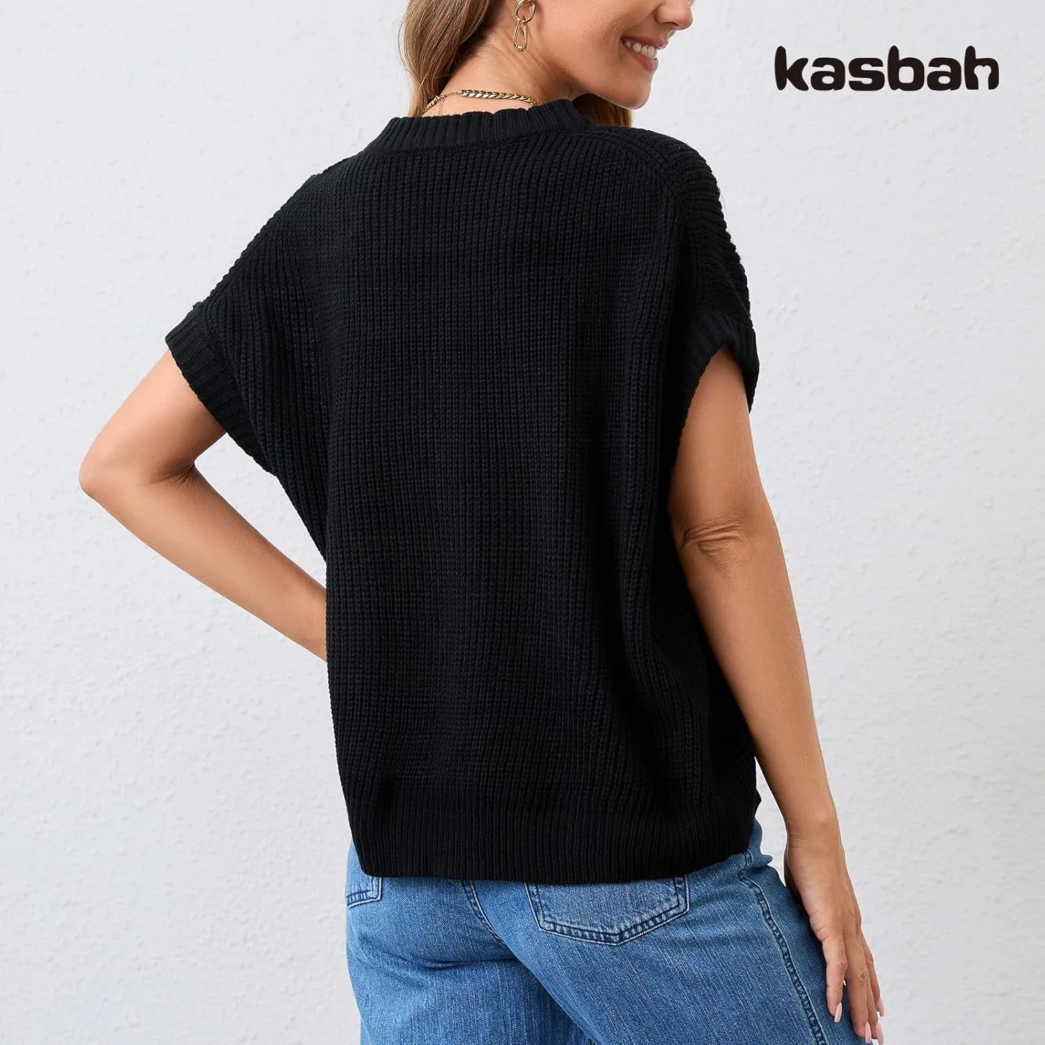KASBAH Women's Short Sleeve Sweater Vest Crewneck Cap Sleeve Stripped Knit Pullover Tank Tops