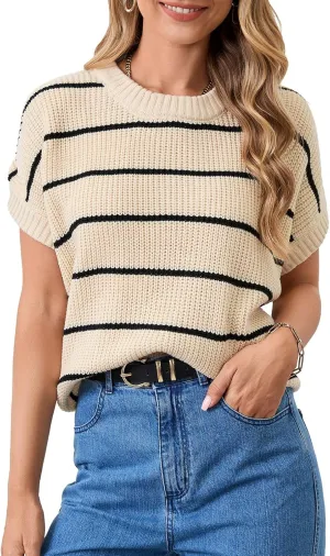 KASBAH Women's Short Sleeve Sweater Vest Crewneck Cap Sleeve Stripped Knit Pullover Tank Tops