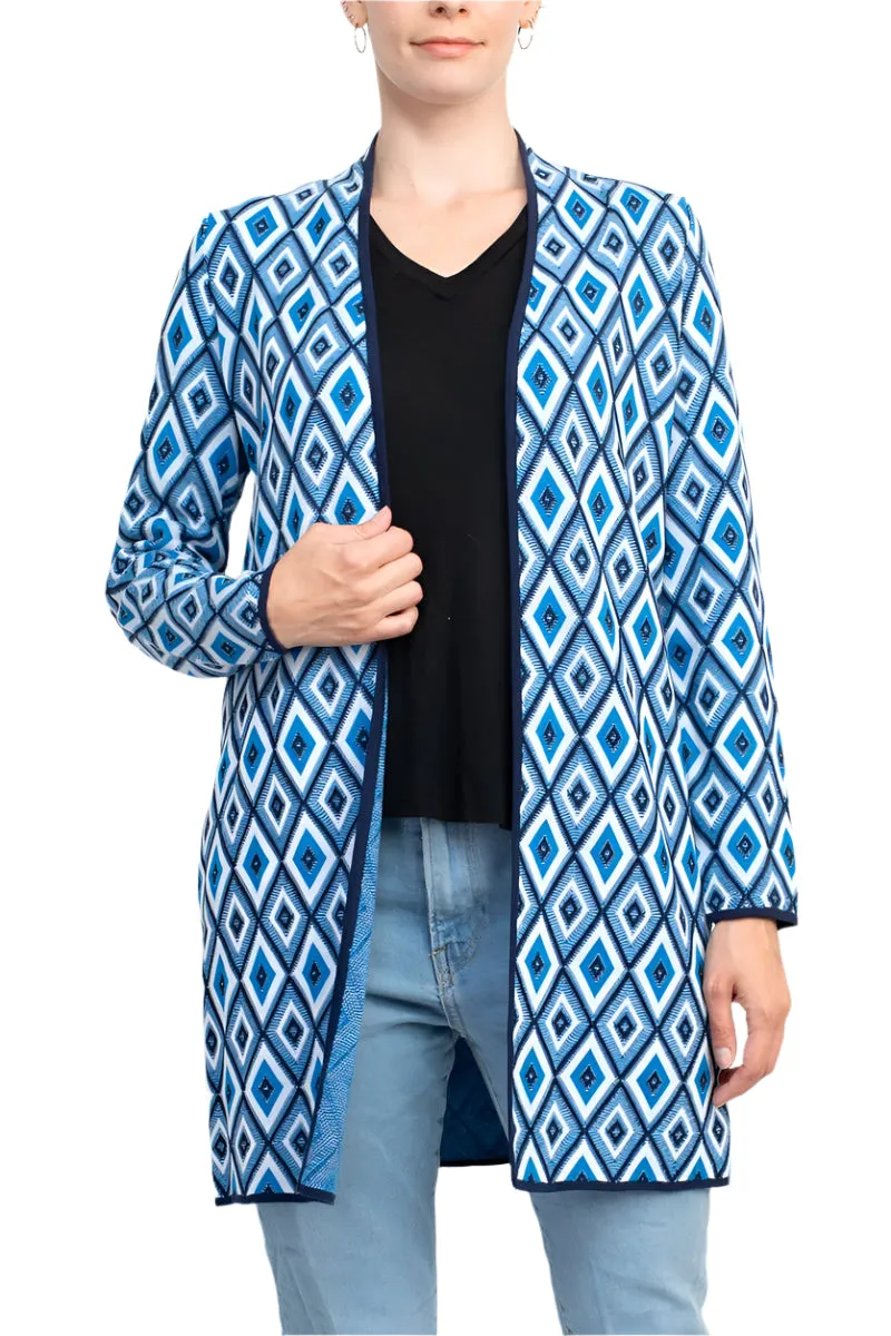 Kasper Open Front Piping Detail Diamond Jacquard Cardigan