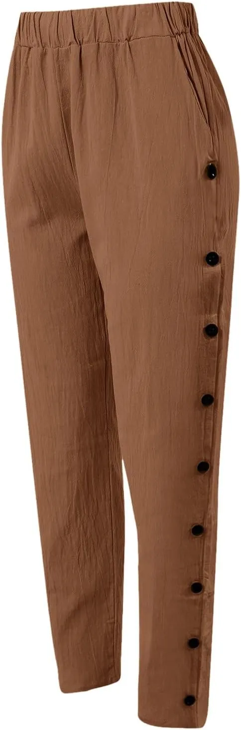 Linen Pants for Women Wide Straight Leg Striped Side Button Elastic Pants Casual Baggy Trousers with Pocket