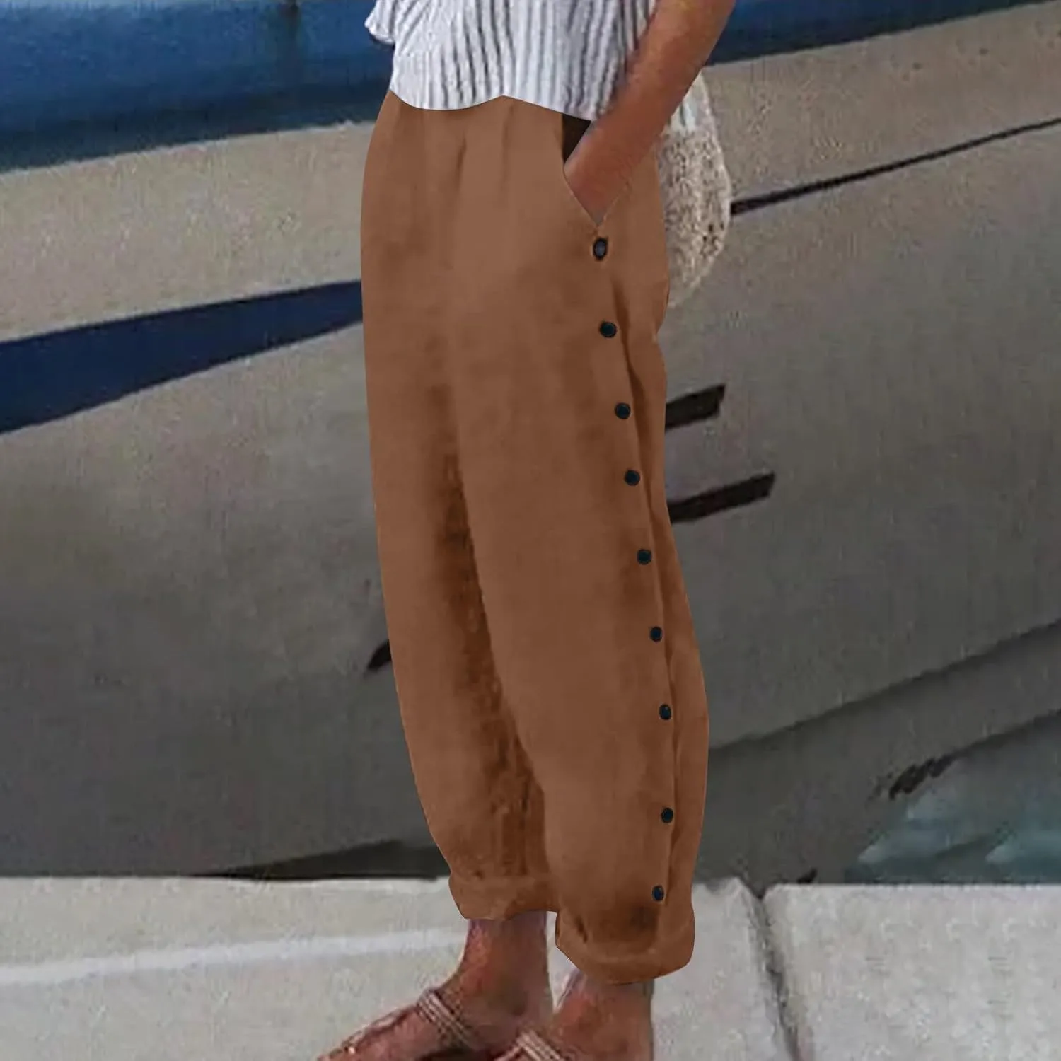 Linen Pants for Women Wide Straight Leg Striped Side Button Elastic Pants Casual Baggy Trousers with Pocket