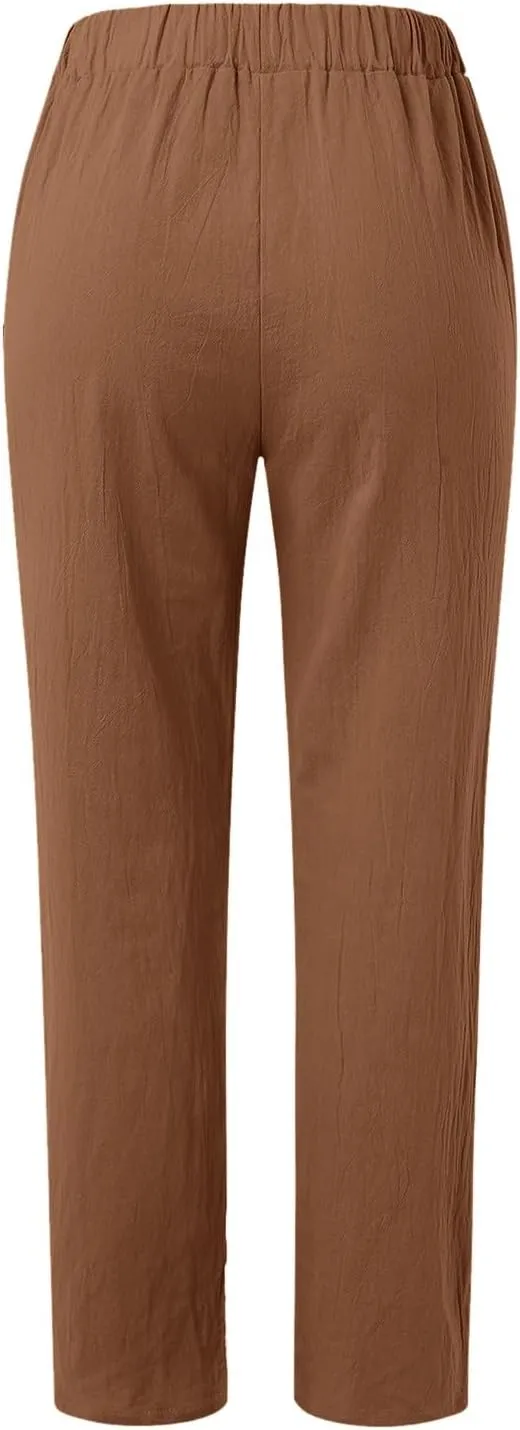 Linen Pants for Women Wide Straight Leg Striped Side Button Elastic Pants Casual Baggy Trousers with Pocket