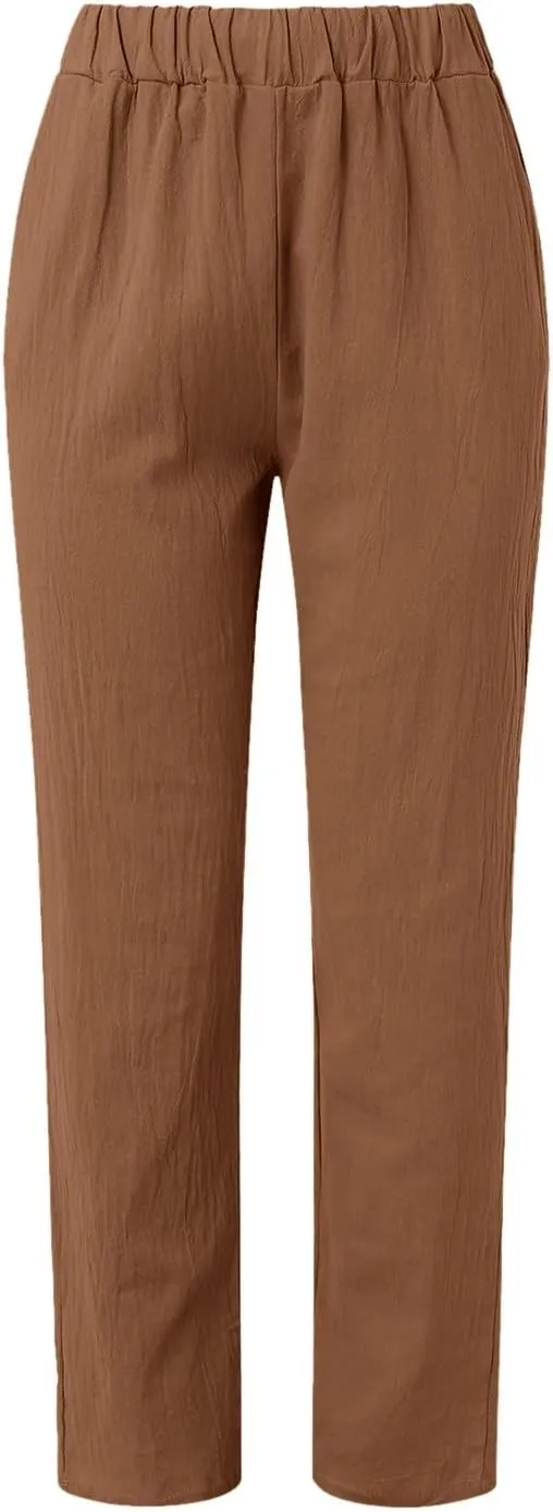 Linen Pants for Women Wide Straight Leg Striped Side Button Elastic Pants Casual Baggy Trousers with Pocket