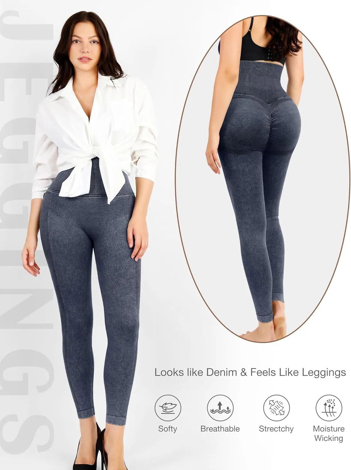 Lover-Beauty High Waisted Leggings for Women Jean Look Denim Leggings Thick Fake Jean Tummy Control Butt Lifting Jegging