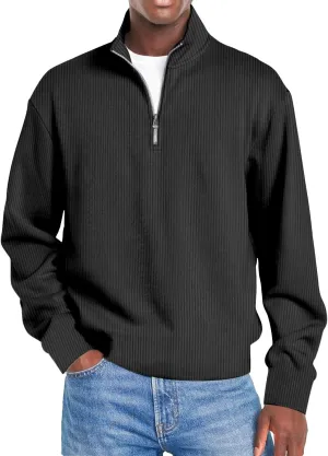Men Fashion Quarter Zip Pullover Oversize Long Sleeve Mock Neck Texture Polo Sweatshirt Casual Sport Workout Sweater