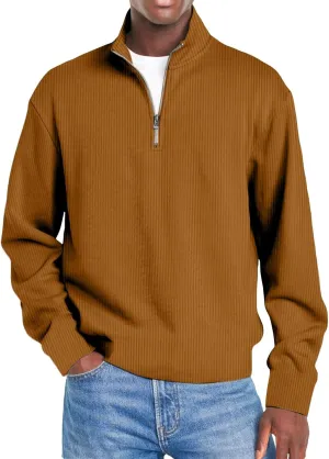 Men Fashion Quarter Zip Pullover Oversize Long Sleeve Mock Neck Texture Polo Sweatshirt Casual Sport Workout Sweater