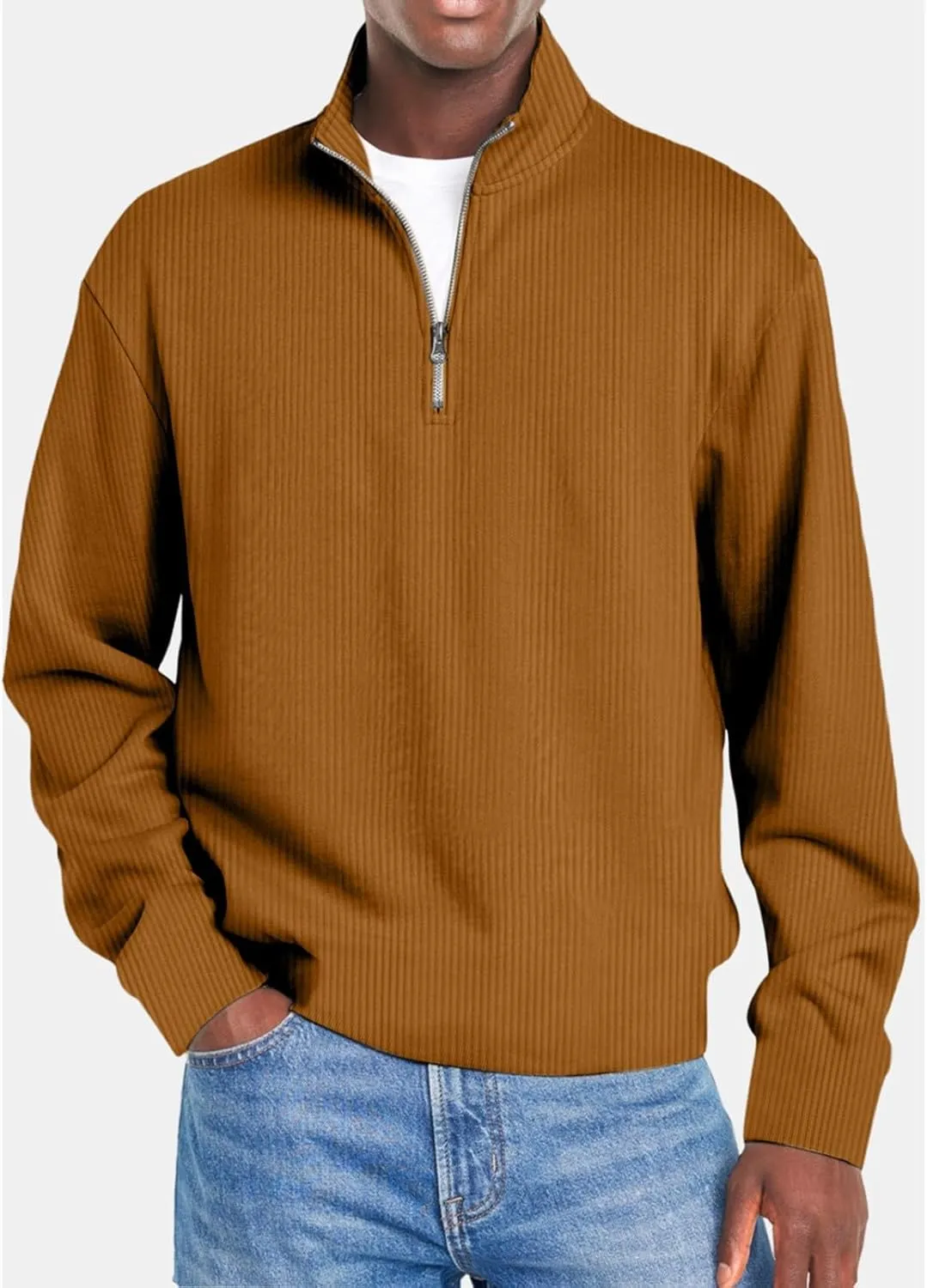 Men Fashion Quarter Zip Pullover Oversize Long Sleeve Mock Neck Texture Polo Sweatshirt Casual Sport Workout Sweater
